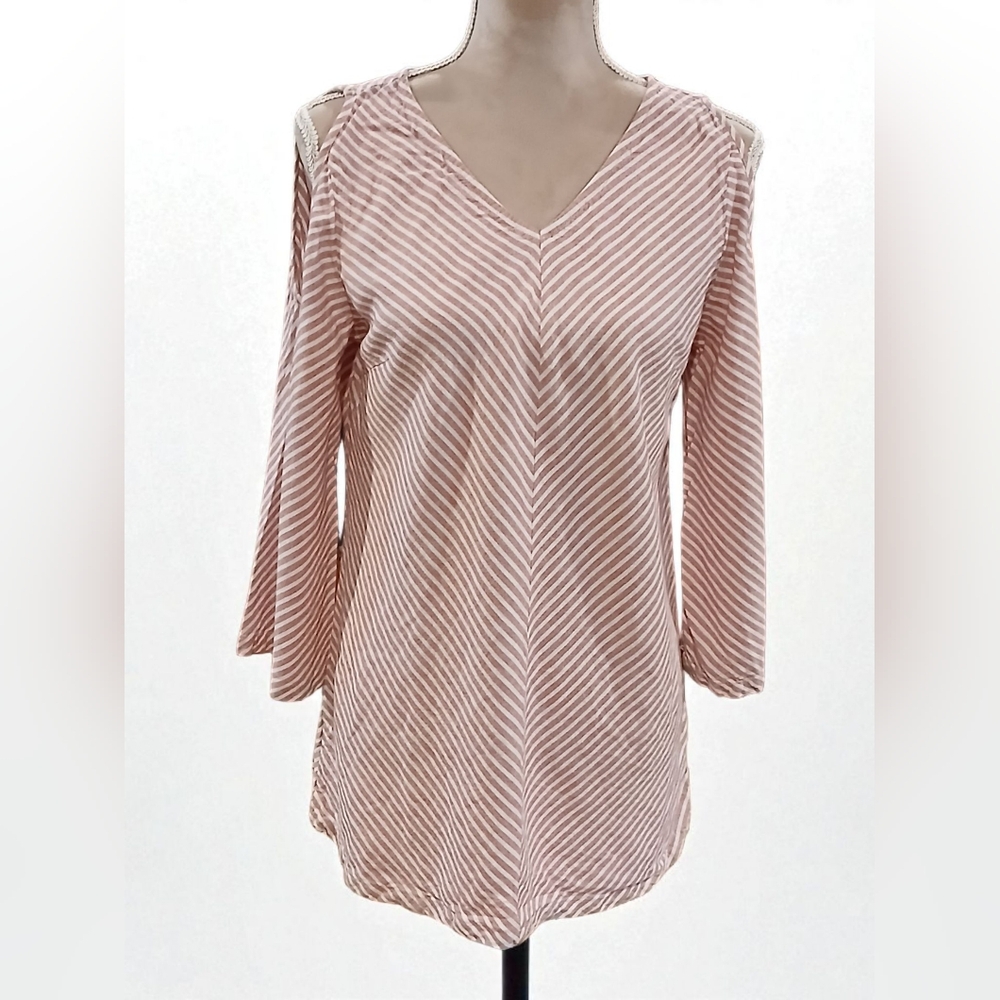 Soft Surroundings Linen Blend Cold Shoulder Pink White Stripe Womans Small
